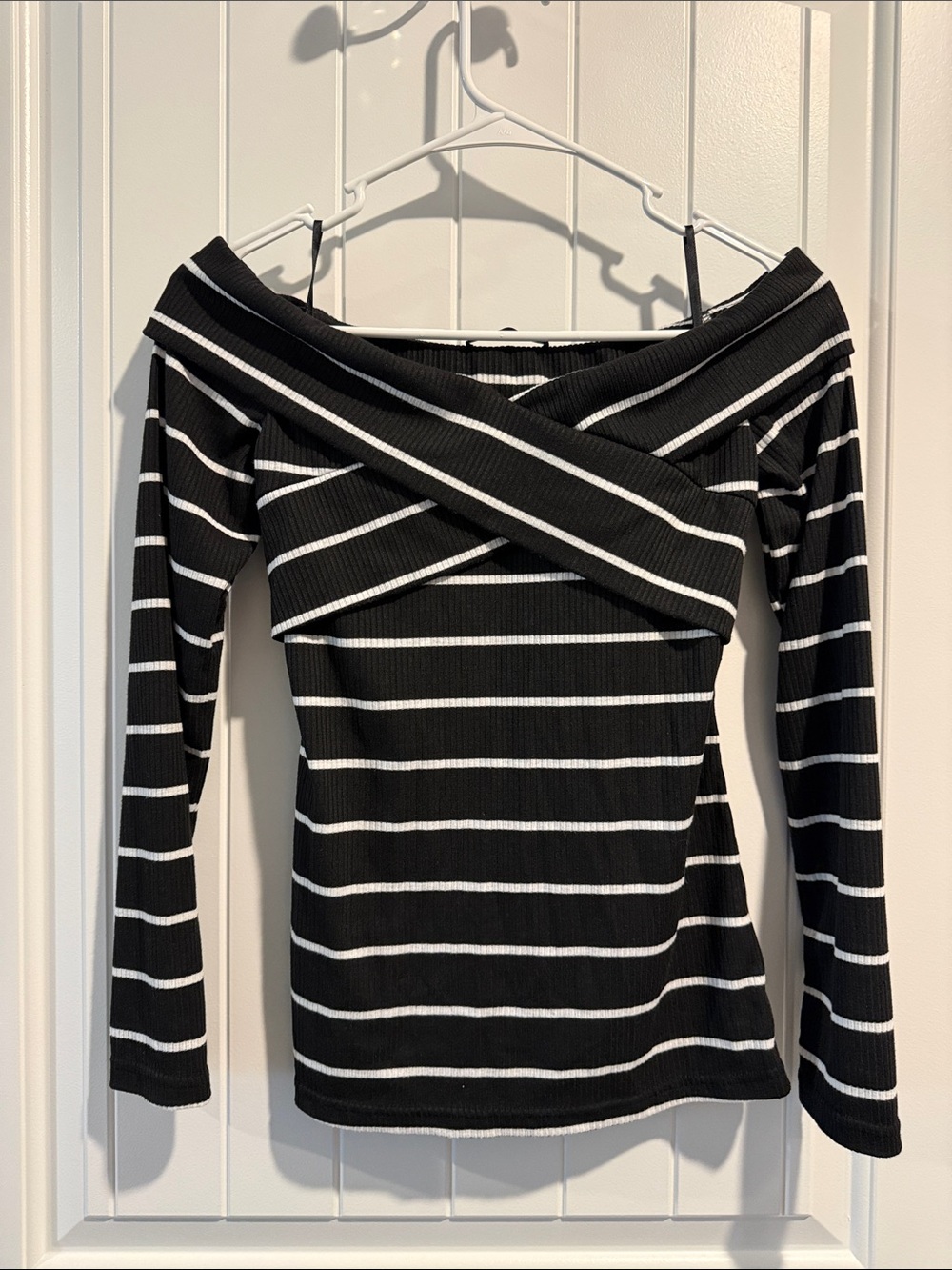 SHEIN Black and White Striped Off-Shoulder Long Sleeve Top
